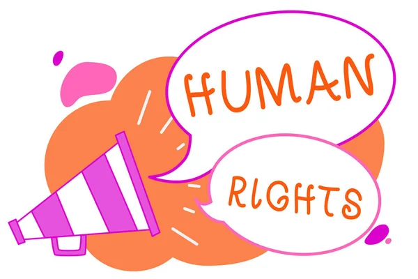 Handskrift text skriva mänskliga rättigheter. Begreppet mening moraliska principer standarder normer för ett folk som skyddas av lagen MegaFon högtalare tal bubblor viktigt budskap talade högt. — Stockfoto