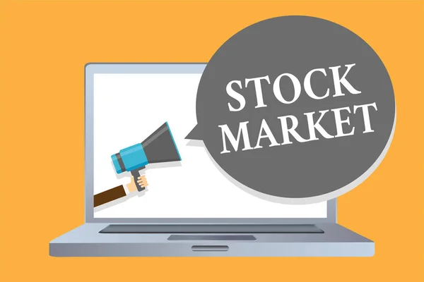 Word writing text Stock Market. Business concept for Particular market where stocks and bonds are traded or exhange Man holding megaphone loudspeaker speech bubble message speaking loud. — Stock Photo, Image