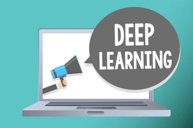 Derin öğrenme yazma el yazısı metin. Hiyerarşik soyutlamalar yapay zeka algoritmasını megafon hoparlör konuşma balonu mesajı yüksek sesle konuşan tutan adam anlam kavramı.