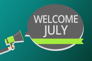 Word metin Hoşgeldiniz Temmuz yazma. Takvim yedinci ay 31days üçüncü çeyrek yeni sezon megafon hoparlör konuşma balonu mesajı yüksek sesle konuşan tutan adam için iş kavramı.