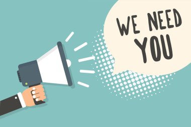 El yazısı metin biz gerek sana. Çalışan yardım ihtiyacı işçiler işe alım danışmanlığı istihdam megafon hoparlör konuşma balonu mavi arka plan yarı ton tutan adam anlam kavramı.