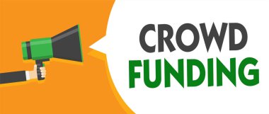 El yazısı metin kalabalık finansman. Bağış toplama Kickstarter başlangıç rehin Platform bağış megafon hoparlör konuşma balonu mesajı yüksek sesle konuşan tutan adam anlam kavramı.