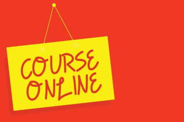 Kursu Online yazma el yazısı metin. Kavram anlam elearning elektronik eğitim uzak çalışma dijital sınıf sarı tahtası duvar mesajı iletişim aç kapat işareti kırmızı arka plan.