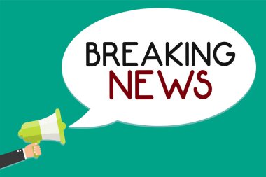 Haber yazma el yazısı metin. Özel rapor duyuru oluyor geçerli sorunu Flashnews elinde megafon hoparlör konuşma balonu mesajı yüksek sesle konuşan bir adam anlam kavramı.
