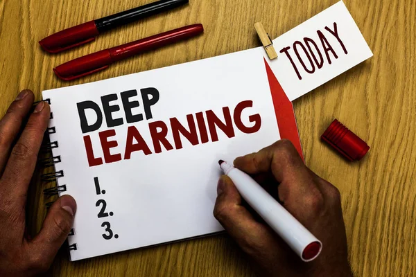 Derin öğrenme yazma el yazısı metin. Hiyerarşik soyutlamalar yapay zeka algoritmasını marker defter clothespin hatırlatma ahşap masa fincan kahve tutan adam anlam kavramı.