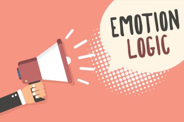 Kavramsal el duygu mantık gösterilen yazma. İş fotoğraf vitrine kalp ya da beyin ruh ya da zeka karışıklık eşit dengesi megafon konuşma balonu pembe noktalı resim tutan adam.