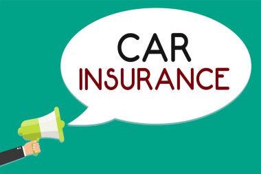 Araç sigorta yazma el yazısı metin. Kazalar kapsama kapsamlı ilke motorlu araç garanti adam anlam kavramı megafon hoparlör konuşma balonu mesajı yüksek sesle konuşan holding.