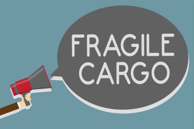 Kırılgan kargo gösterilen Not yazma. Kırılabilir ele bakım Bubble Wrap cam tehlikeli mallar megafon hoparlör konuşma balonu mesajı yüksek sesle konuşan holding adam ile vitrine iş fotoğraf.