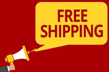 Ücretsiz nakliye yazma el yazısı metin. Nakliye kargo konsinye Lading yükü Merkez atlı araçlar megafon hoparlör konuşma balonu mesajı yüksek sesle konuşan tutan adam anlam kavramı.