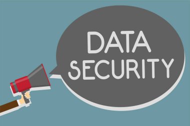 Veri güvenliği gösterilen Not yazma. İş fotoğraf gizlilik Disk şifreleme yedekleme parola koruyucu megafon hoparlör konuşma balonu mesajı yüksek sesle konuşan tutan adamı vitrine.