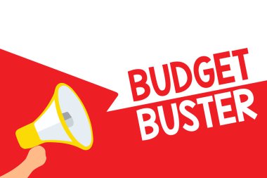 Word metin yazma bütçe Buster. İş kavramı kaygısız harcama pazarlık gereksiz alımları harcamaları megafon hoparlör konuşma için önemli mesajı yüksek sesle konuşma kabarcıklar.