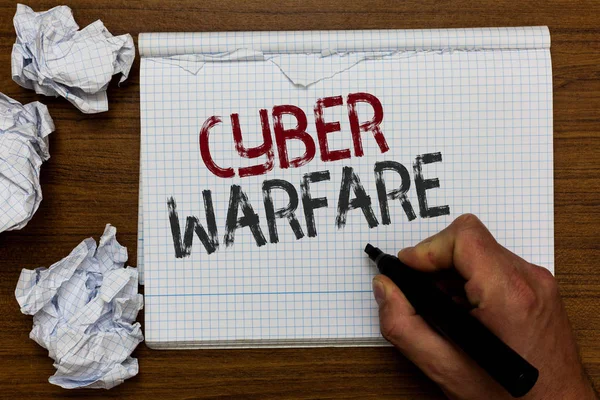 Handwriting text Cyber Warfare. Concept meaning Virtual War Hackers System Attacks Digital Thief Stalker Man holding marker notebook crumpled papers ripped pages mistakes made.