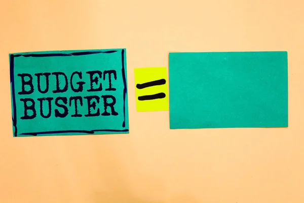 Handwriting text Budget Buster. Concept meaning Carefree Spending Bargains Unnecessary Purchases Overspending Turquoise paper notes reminders equal sign important messages to remember. — Stock Photo, Image
