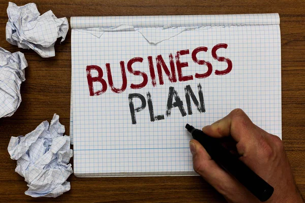 Handwriting text Business Plan. Concept meaning Structural Strategy Goals and Objectives Financial Projections Man holding marker notebook crumpled papers ripped pages mistakes made. — Stock Photo, Image