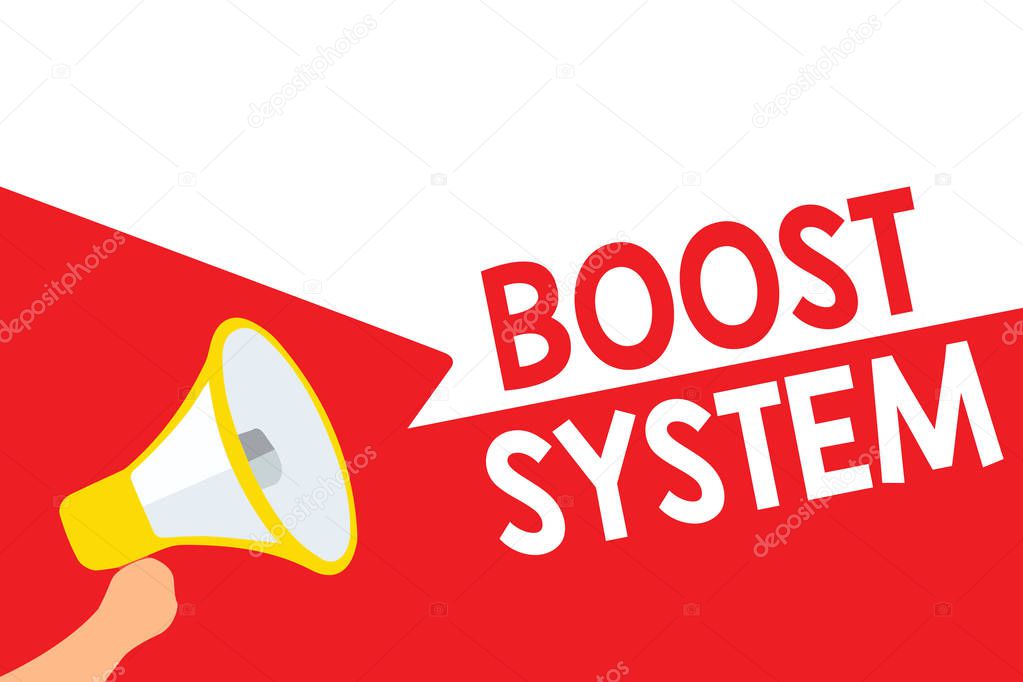Word writing text Boost System. Business concept for Rejuvenate Upgrade Strengthen Be Healthier Holistic approach Megaphone loudspeaker speech bubbles important message speaking out loud.