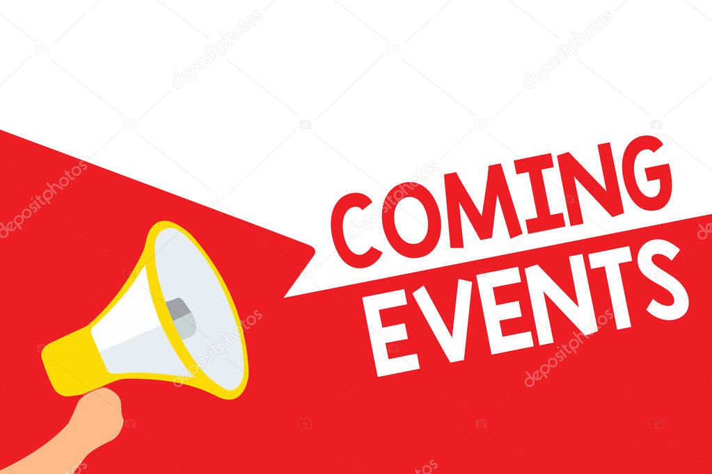 Word writing text Coming Events. Business concept for Happening soon Forthcoming Planned meet Upcoming In the Future Megaphone loudspeaker speech bubbles important message speaking out loud.