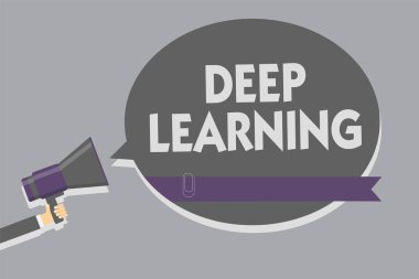 Derin öğrenme gösterilen metin işareti. Kavramsal fotoğraf hiyerarşik soyutlamalar yapay zeka algoritmasını adam holding megafon hoparlör konuşma balonu mesajı yüksek sesle konuşan.