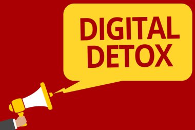 Dijital detoks yazma el yazısı metin. Ücretsiz, elektronik aygıtların bağlantısını kesin Unplugged megafon hoparlör konuşma balonu mesajı yüksek sesle konuşan tutan adam yeniden anlam kavramı.