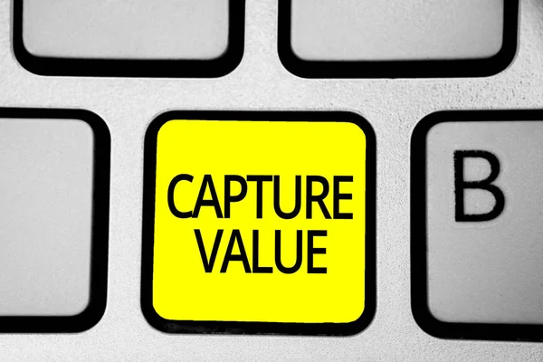 Handwriting text writing Capture Value. Concept meaning Customer Relationship Satisfy Needs Brand Strength Retention Keyboard yellow key Intention create computer computing reflection document.