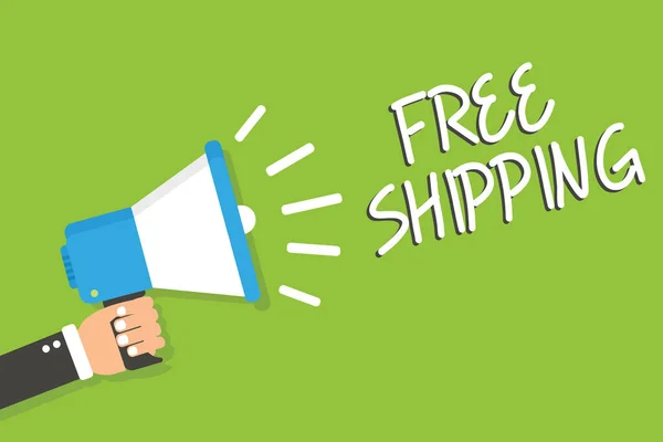 El yazısı metin Free Shipping. Nakliye kargo konsinye Lading yükü Merkez atlı araçlar yüksek sesle konuşan megafon hoparlör yeşil arka plan iletisi tutan adam anlam kavramı. — Stok fotoğraf