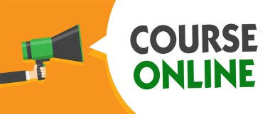 El yazısı metin Kursu Online. Kavram anlam elearning elektronik eğitim uzak çalışma dijital sınıf adam megafon hoparlör konuşma balonu mesajı yüksek sesle konuşan holding.