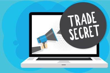 Ticari sır gösterilen metin işareti. Kavramsal fotoğraf bir ürün fikri mülkiyet megafon hoparlör bilgisayar ekranında konuşma balonu söz tutan adam hakkında gizli bilgi.