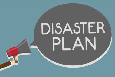 Afet planı gösterilen Not yazma. Acil durum hazırlık hayatta kalma ve ilk yardım kiti megafon hoparlör konuşma balonu mesajı yüksek sesle konuşan tutan adam ye cevap vitrine iş fotoğraf.