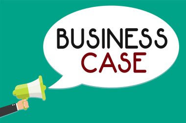 Business Case yazma el yazısı metin. Teklifim girişim sözlü sunu yeni görev megafon hoparlör konuşma balonu mesajı yüksek sesle konuşan tutan adam anlam kavramı.