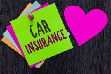 Text sign showing Car Insurance. Conceptual photo Accidents coverage Comprehensive Policy Motor Vehicle Guaranty Papers Romantic lovely message Heart Good feelings Wooden background. clipart