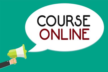 Kursu Online yazma el yazısı metin. Kavram anlam elearning elektronik eğitim uzak çalışma dijital sınıf adam megafon hoparlör konuşma balonu mesajı yüksek sesle konuşan holding.
