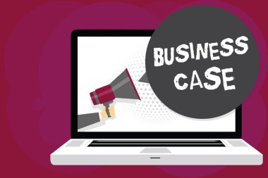 Business Case gösterilen Not yazma. Teklifim girişim sözlü sunu yeni görev megafon bilgisayar ekranında konuşma balonu söz tutan adam vitrine iş fotoğraf.