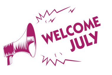 Kavramsal el hoş geldiniz Temmuz gösterilen yazma. Yüksek sesle konuşan çığlık iş fotoğraf vitrine takvim yedinci ay 31days üçüncü çeyrek yeni sezon mor megafon önemli mesaj.