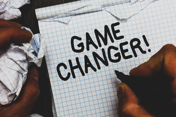 Handwriting text Game Changer. Concept meaning Sports Data Scorekeeper Gamestreams Live Scores Team Admins Man holding marker notebook crumpled papers ripped pages mistakes made.