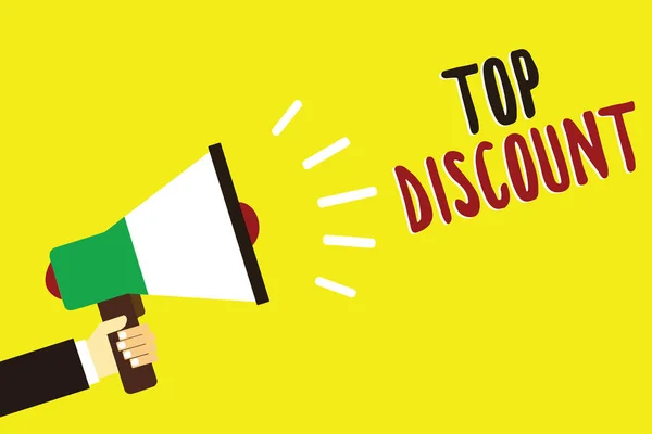 Text sign showing Top Discount. Conceptual photo Best Price Guaranteed Hot Items Crazy Sale Promotions Man holding megaphone loudspeaker yellow background message speaking loud. — Stock Photo, Image