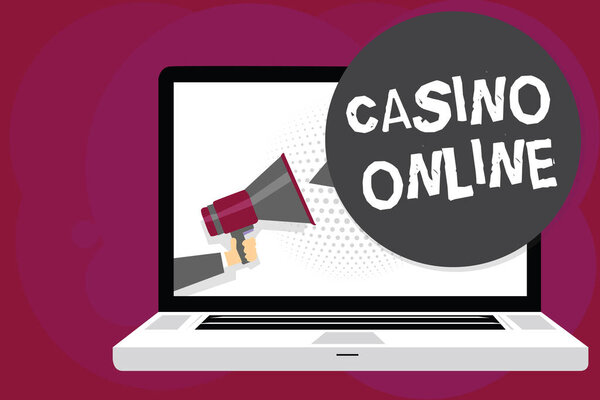 Writing note showing Casino Online. Business photo showcasing Computer Poker Game Gamble Royal Bet Lotto High Stakes Man holding Megaphone computer screen talking speech bubble.