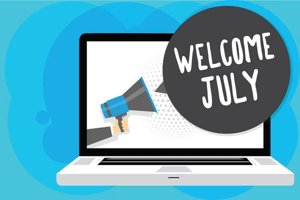 Text sign showing Welcome July. Conceptual photo Calendar Seventh Month 31days Third Quarter New Season Man holding Megaphone loudspeaker computer screen talking speech bubble. — Stock Photo, Image