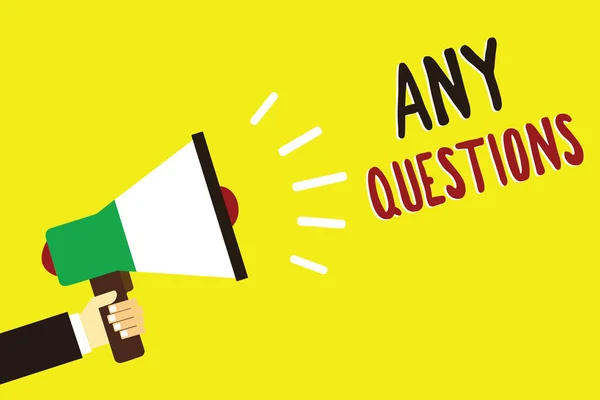 Text sign showing Any Questions. Conceptual photo Clueless Blank face Inquiry Disputes Probes Issues Riddles Man holding megaphone loudspeaker yellow background message speaking loud. — Stock Photo, Image