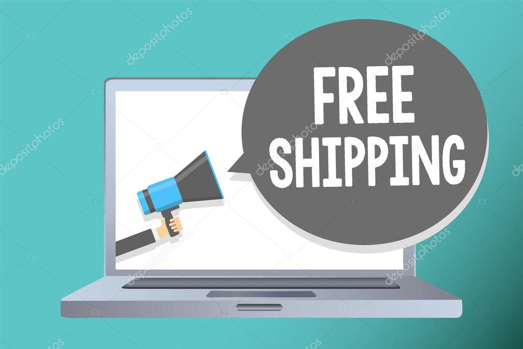 Handwriting text writing Free Shipping. Concept meaning Freight Cargo Consignment Lading Payload Dispatch Cartage Man holding megaphone loudspeaker speech bubble message speaking loud.