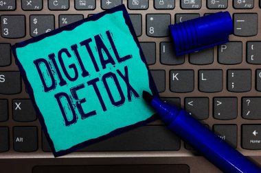Word writing text Digital Detox. Business concept for Free of Electronic Devices Disconnect to Reconnect Unplugged Turquoise paper keyboard Inspiration communicate idea messages blue markers. clipart