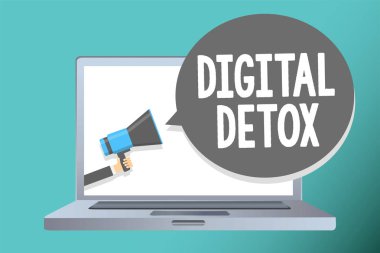 Dijital detoks yazma el yazısı metin. Ücretsiz, elektronik aygıtların bağlantısını kesin Unplugged megafon hoparlör konuşma balonu mesajı yüksek sesle konuşan tutan adam yeniden anlam kavramı.