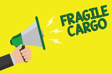 Kırılgan kargo gösterilen metin işareti. Kavramsal fotoğraf kırılabilir idare ile bakım Bubble Wrap cam tehlikeli ürünler yüksek sesle konuşan megafon hoparlör sarı arka plan iletisi tutan adam.