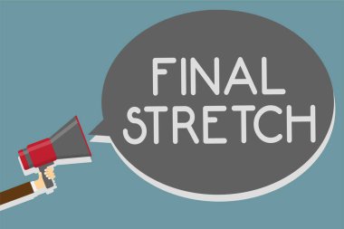 Son streç gösterilen Not yazma. İş fotoğraf son bacak sonuç yuvarlak son sahne Finale yıl ender adam vitrine megafon hoparlör konuşma balonu mesajı yüksek sesle konuşan holding.