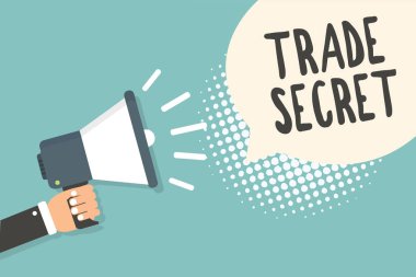 El yazısı metin ticari sır. Gizli bilgileri bir ürün fikri mülkiyet megafon hoparlör konuşma balonu mavi arka plan yarı ton tutan adam hakkında anlam kavramı.