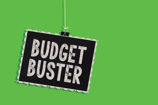 Szöveg jel mutatja a költségvetés Buster. Fogalmi fénykép tábla gondtalan kiadások olcsón felesleges vásárlások túlköltekezés lóg üzenetet kommunikációs tájékoztató jel zöld háttér. — Stock Fotó
