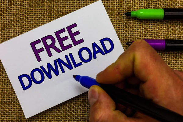 Tekst teken tonen gratis downloaden. Conceptuele foto sleutel in sociaaldemocraat initialiseren Freebies Wireless beelden Man hand met marker Witboek communiceren ideeën Jute achtergrond. — Stockfoto