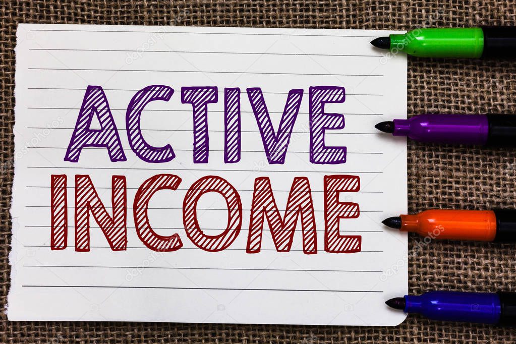 Conceptual hand writing showing Active Income. Business photo showcasing Royalties Salaries Pensions Financial Investments Tips Notebook Paper Important reminder Markers Jute background.
