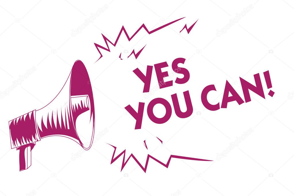 Conceptual hand writing showing Yes You Can. Business photo showcasing Positivity Encouragement Persuade Dare Confidence Uphold Purple megaphone important message screaming speaking loud.