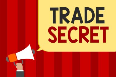 El yazısı metin ticari sır. Gizli bilgileri bir ürün fikri mülkiyet megafon hoparlör konuşma balonu mesajı yüksek sesle konuşan tutan adam hakkında anlam kavramı.