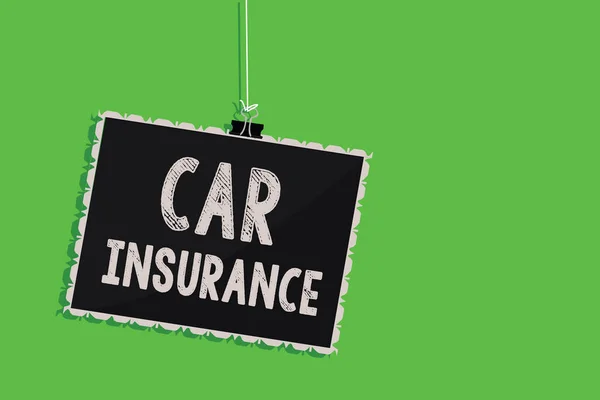 Text sign showing Car Insurance. Conceptual photo Accidents coverage Comprehensive Policy Motor Vehicle Guaranty Hanging blackboard message communication information sign green background. — Stock Photo, Image