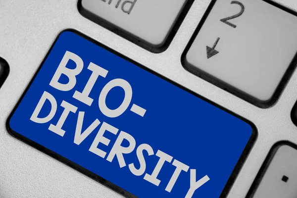 Schrijven van notitie weergegeven: Bio-diversiteit. Zakelijke foto presentatie van verscheidenheid van leven organismen mariene Fauna ecosysteem Habitat toetsenbord blauwe belangrijkste voornemen computer computing reflectie document. — Stockfoto